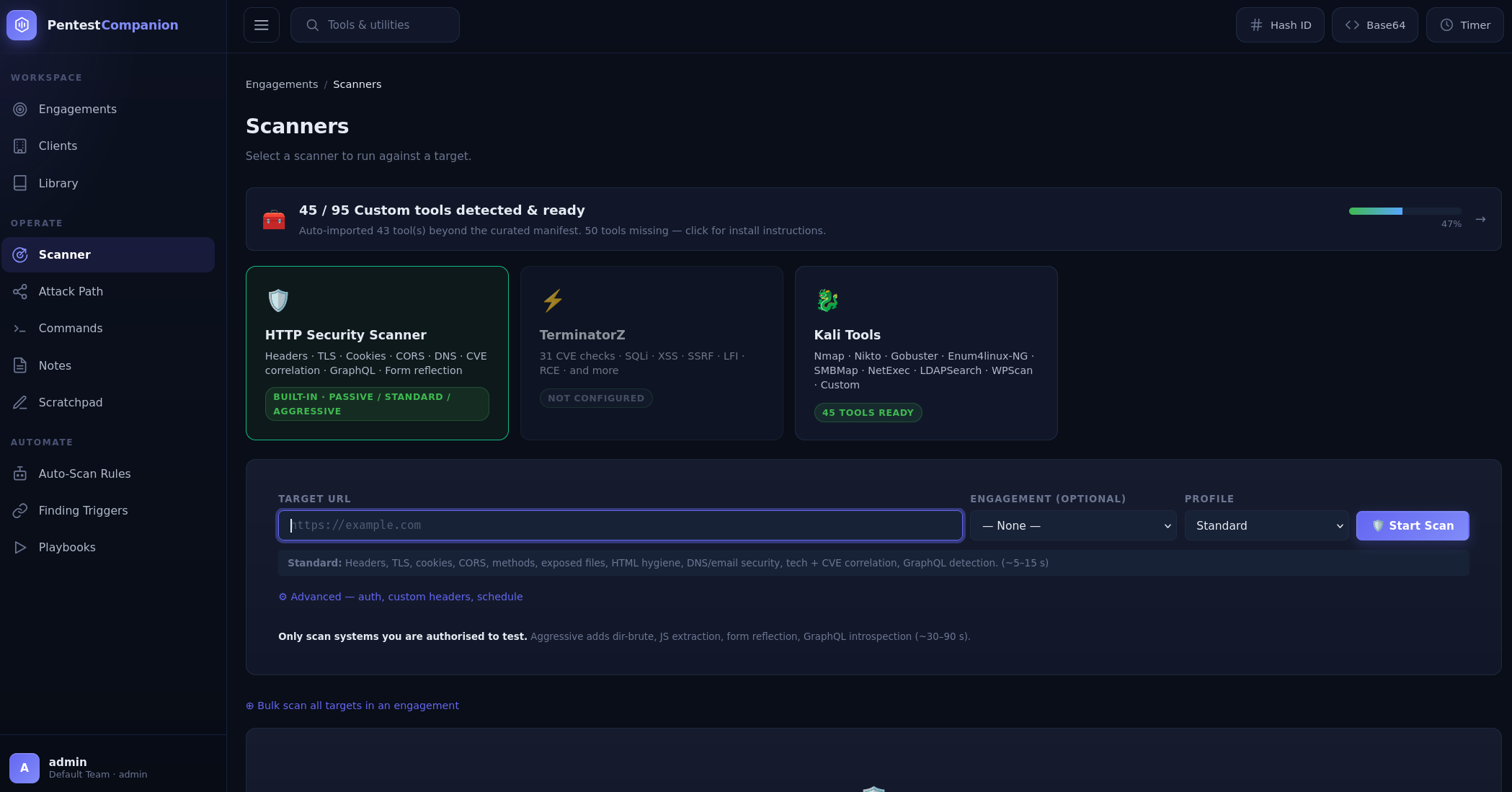 Web scanner with HTTP Security Scanner, TerminatorZ and Kali Tools options and a target URL field.
