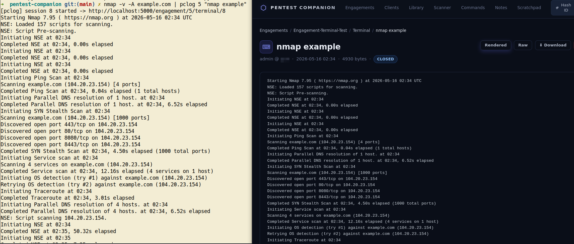 Terminal logging: an nmap run piped through pclog and replayed inside the engagement.