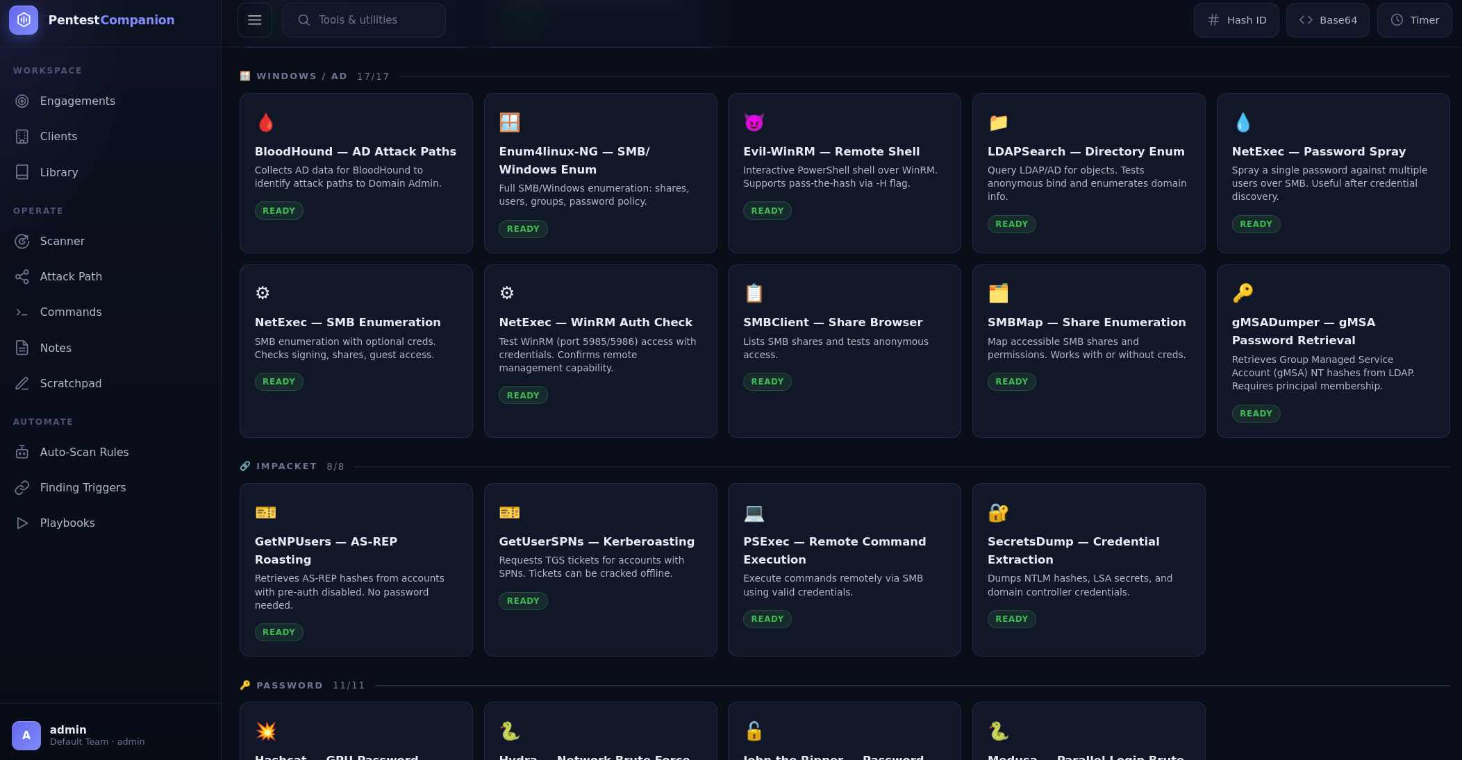 Tools hub with Windows/AD, Impacket and Password categories, each tool marked ready.